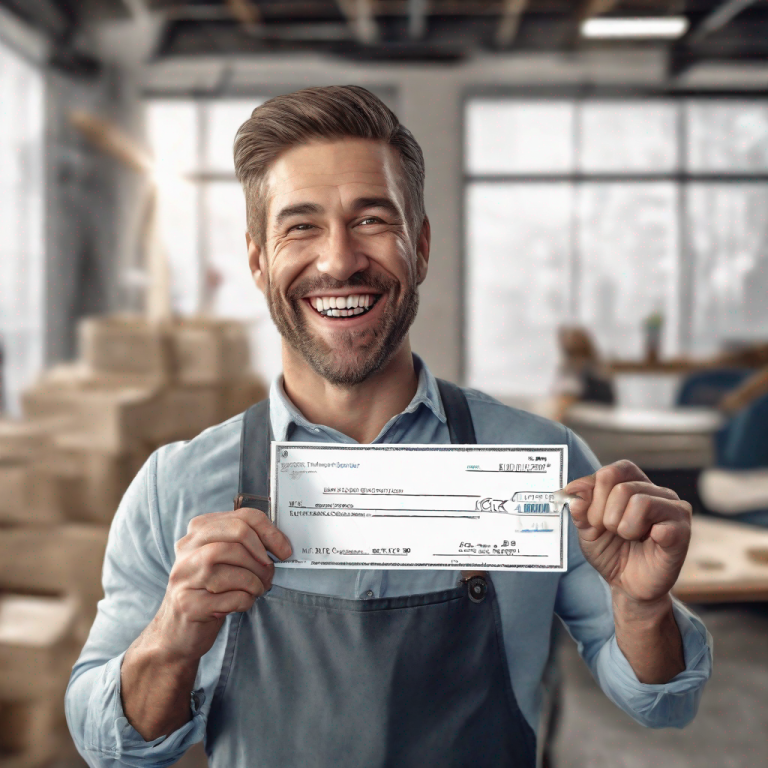 'Un auto-entrepreneur souriant tenant un chèque de prime d'activité'